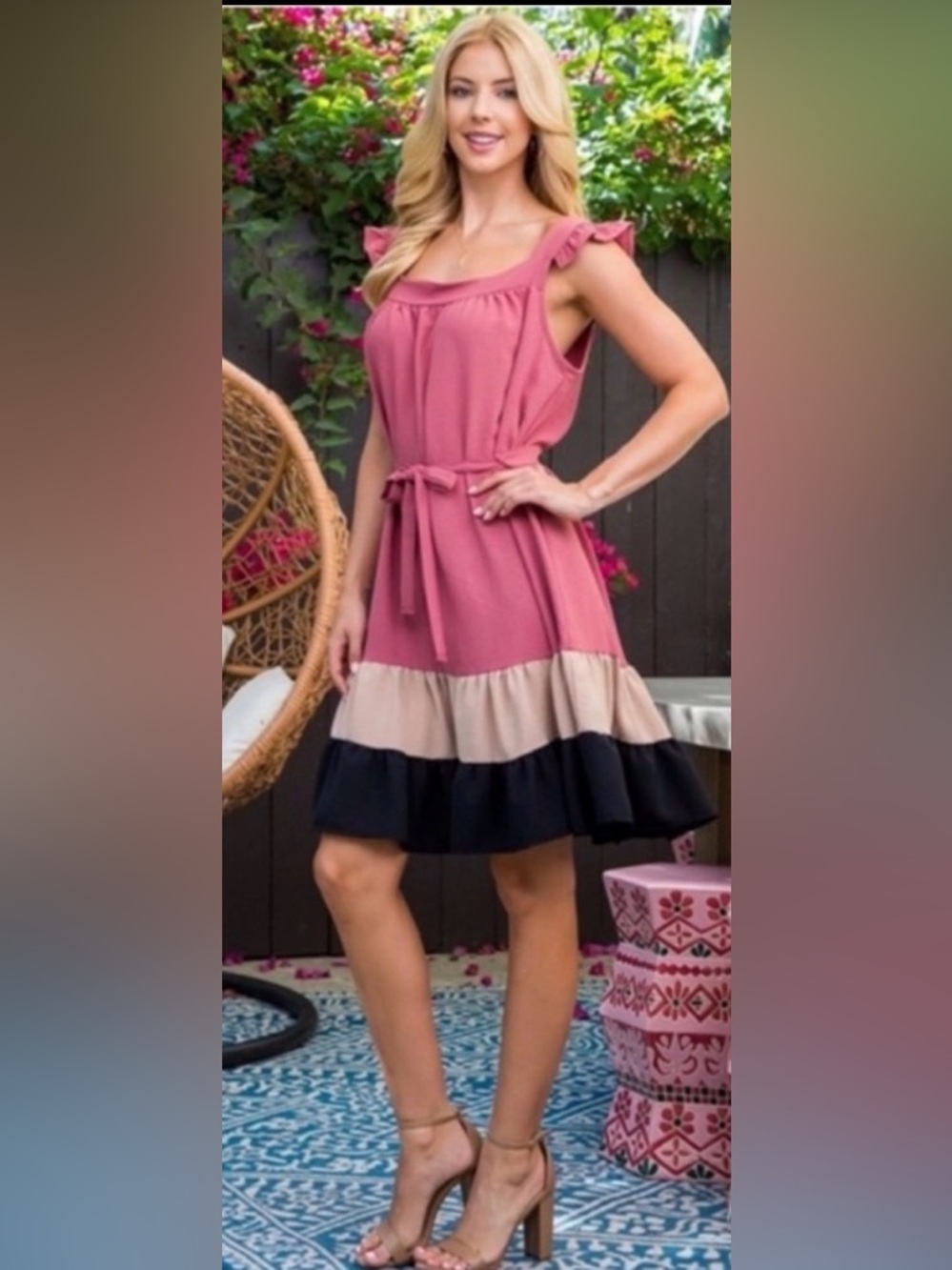 New Soft woven Colorblock flutter sleeveless tie waist spring summer dress